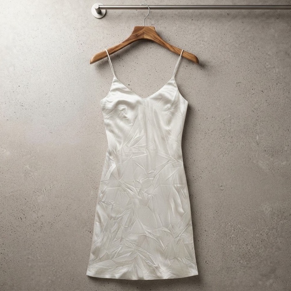 Vintage‎ Ivory Satin Slip Dress Dainty Midi Classic Lux V-Neck Size 38 32 Y2K